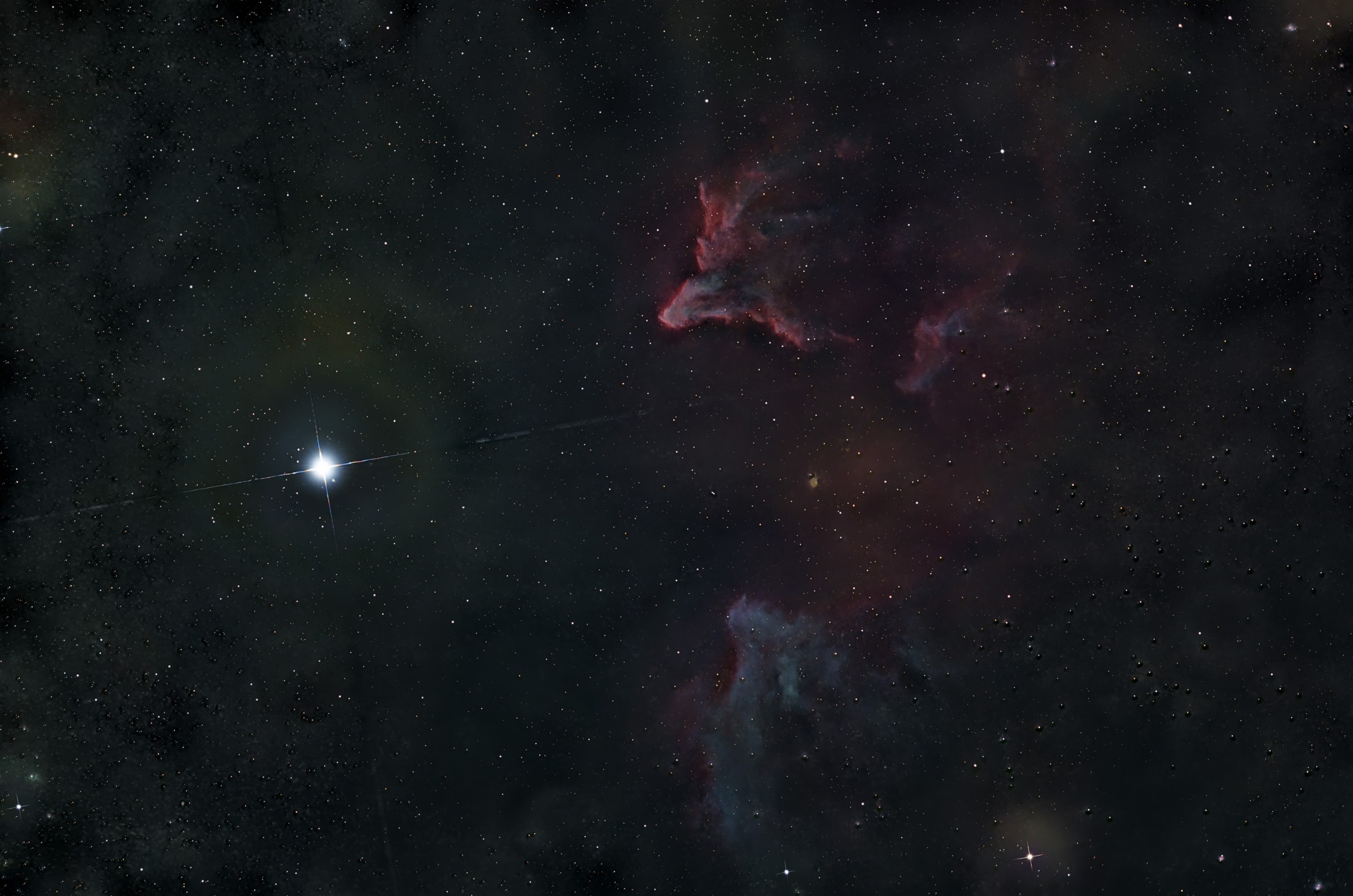 IC 63 and IC59 are an emission nebula in the constellation Cassiopeia. The bright star is Gamma Cassiopeiae γ Cas.